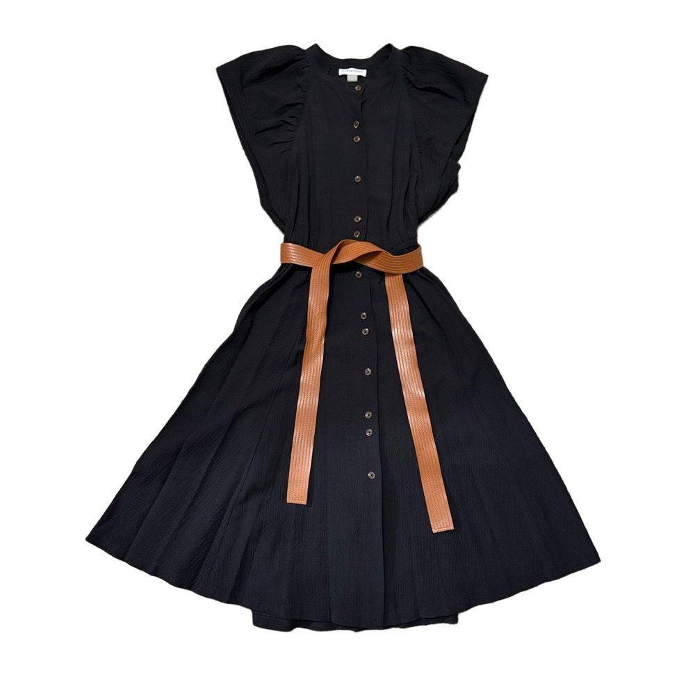 Calvin Klein Black Midi Dress with Tan Waist Tie